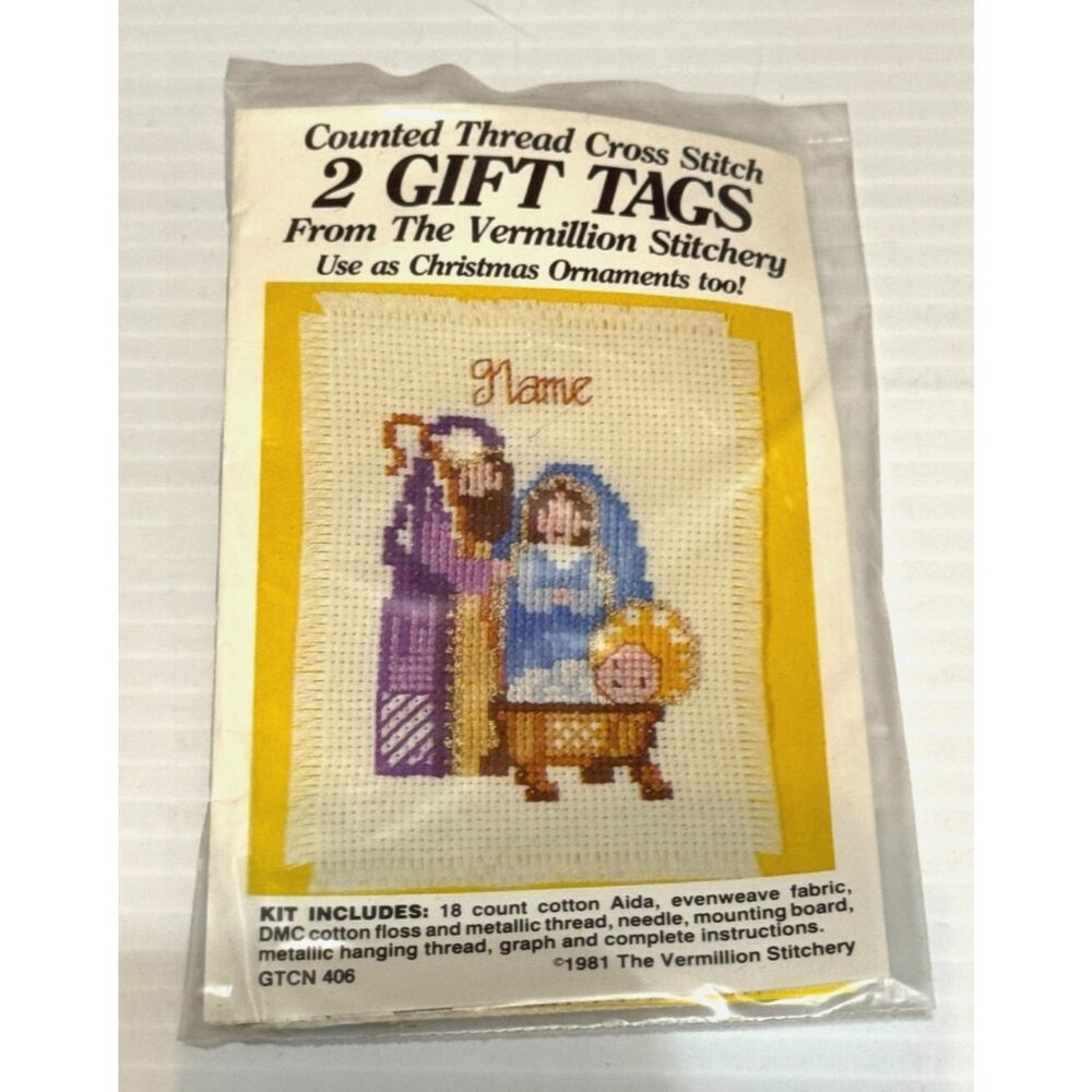 NEW Vermillion Stitchery 2 Gift Tags Cross Stitch Kit nativity GTCN406